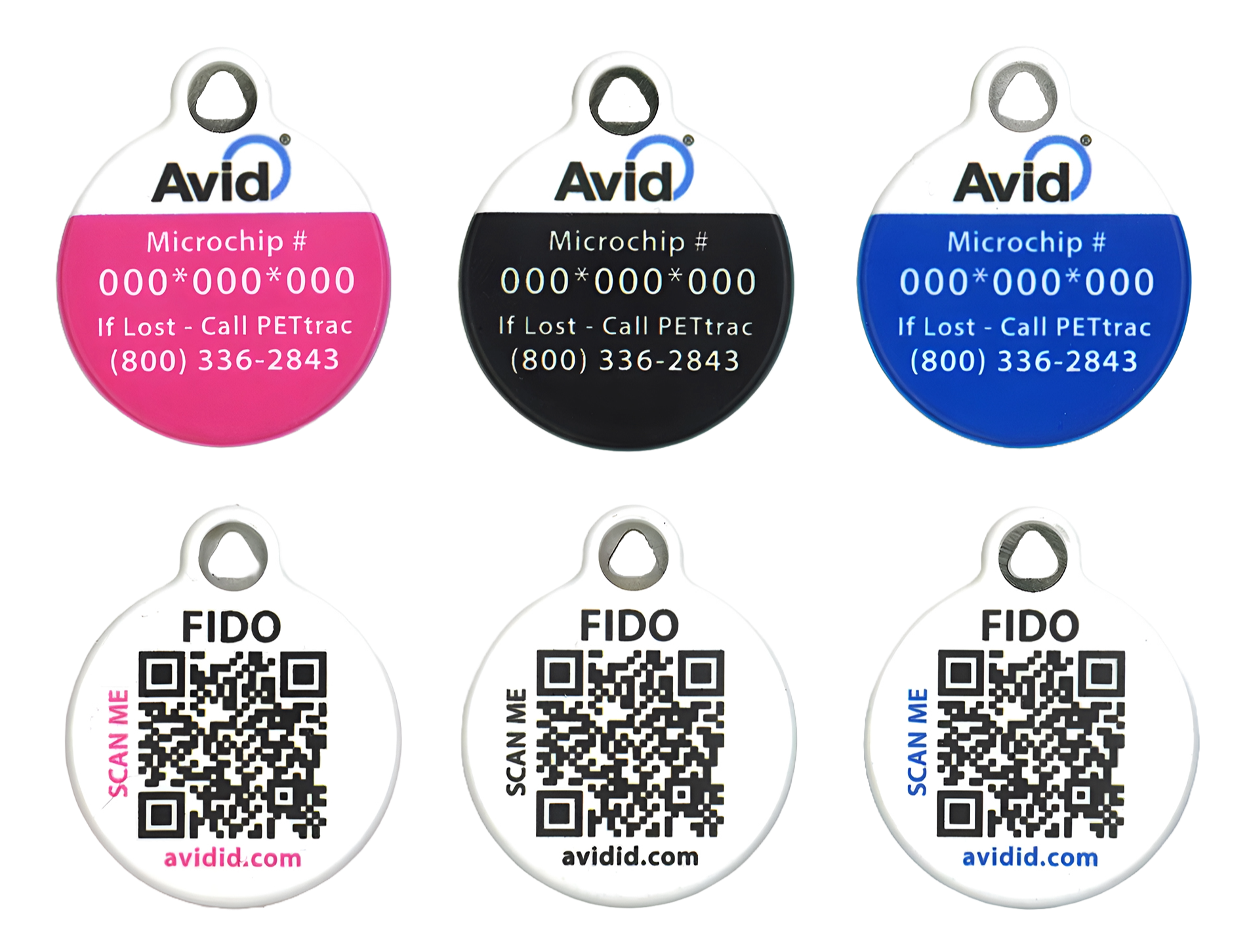 3 Collar Tag Colors - Pink, Blue, and Black. Front of tag features pet's microchip number and PetTrac phone number. Back of tag has pet's name along top and a qr code in center that links to the pet's profile page.